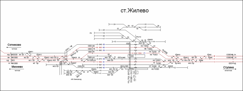 Схематический план станции Жилёво по состоянию на 2007 год.