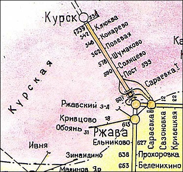 Фрагмент схемы Юго-Восточной железной дороги в районе станции Сараевка II и поста 599 км.