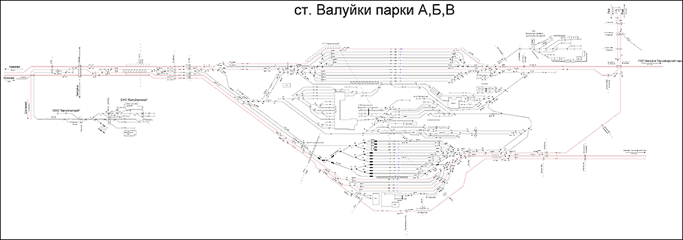 Схематический план парков «А», «Б» и «В» станции Валуйки по состоянию на 2013 год