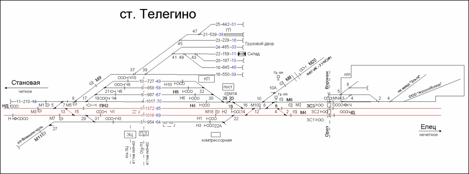 Схематический план станции Телегино по состоянию на 2013 год.