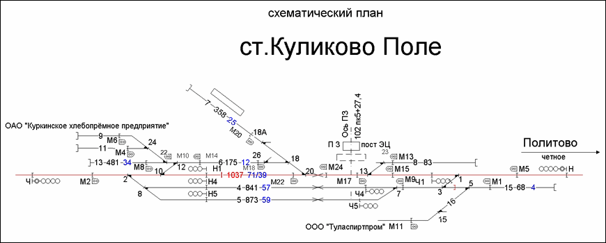 Схематический план станции Куликово Поле по состоянию на 2013 год