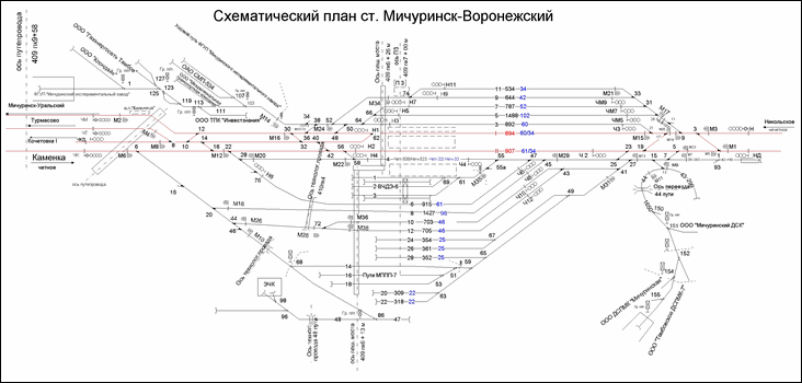 Схематический план станции Мичуринск-Воронежский по состоянию на 2013 год