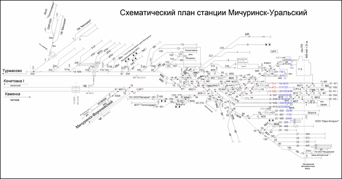 Схематический план станции Мичуринск-Уральский по состоянию на 2013 год