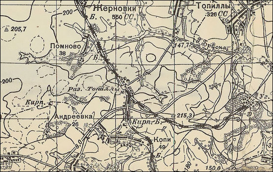 Разъезд Топиллы на топографической карте. Обозначен ширококолейный подъездной путь к угольным шахтам.