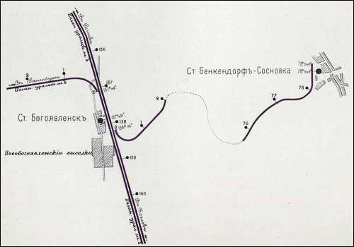 Железнодорожная линия Богоявленск - Бенкендорф-Сосновка по состоянию на 1903 год.