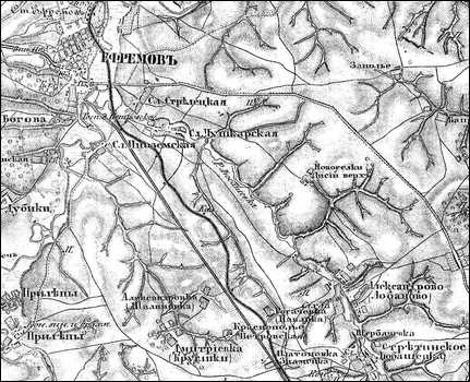 Участок Ефремов - Елец от ст. Ефремов до ст. Лобаново на трёхверстовой карте с данными 1878 года.