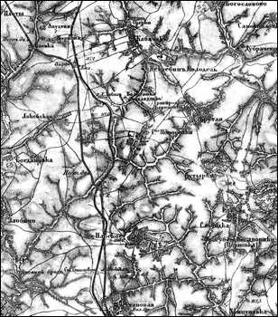Участок Ефремов - Елец от ст. Грунин Воргол до ст. Становая на трёхверстовой карте с данными 1896 года.
