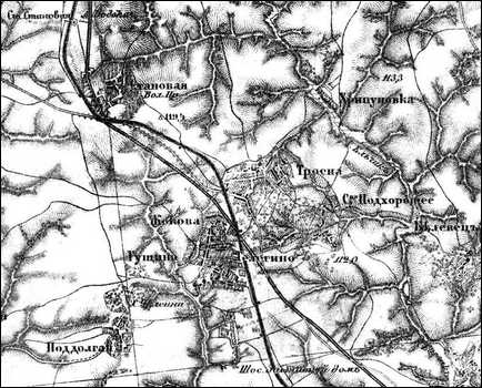 Участок Ефремов - Елец от ст. Становая до ст. Телегино на трёхверстовой карте с данными 1896 года.