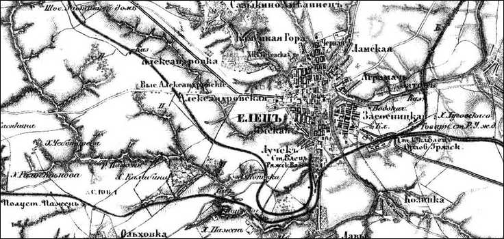 Елецкий железнодорожный узел (ст. Елец и др.) на трёхверстовой карте с данными 1896 года.