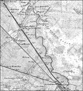 Линия Петроград - Москва от полуст. Поповка до ст. Тосно на трёхверстовой карте 1917 года.