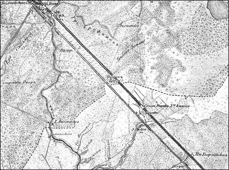 Линия Петроград - Москва от ст. Тосно до пл. Георгиевская на трёхверстовой карте 1917 года.