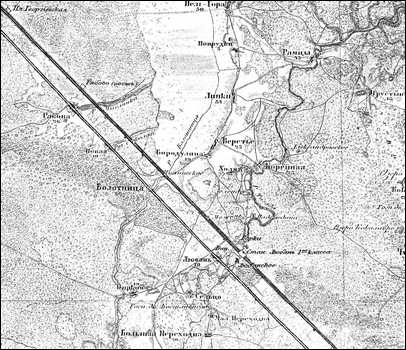 Линия Петроград - Москва от пл. Георгиевская до ст. Любань на трёхверстовой карте 1917 года.