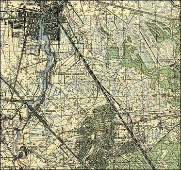 Линия Ленинград - Москва от ст. Колпино до ст. Поповка на топографической карте 1939 года.